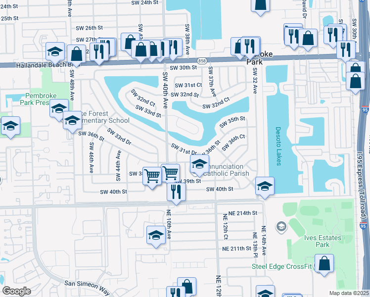 map of restaurants, bars, coffee shops, grocery stores, and more near 3780 Southwest 31st Drive in West Park