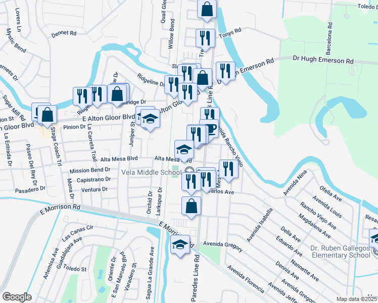 map of restaurants, bars, coffee shops, grocery stores, and more near 4905 Paredes Line Road in Brownsville