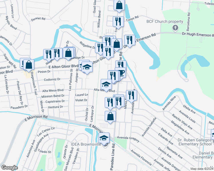 map of restaurants, bars, coffee shops, grocery stores, and more near 4905 Paredes Line Road in Brownsville