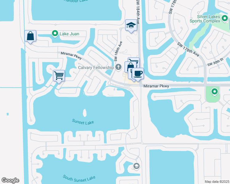map of restaurants, bars, coffee shops, grocery stores, and more near 18600 Sunrise Avenue in Miramar