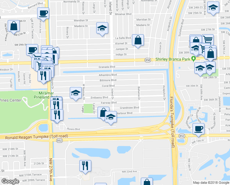 map of restaurants, bars, coffee shops, grocery stores, and more near 3501 Island Drive in Miramar