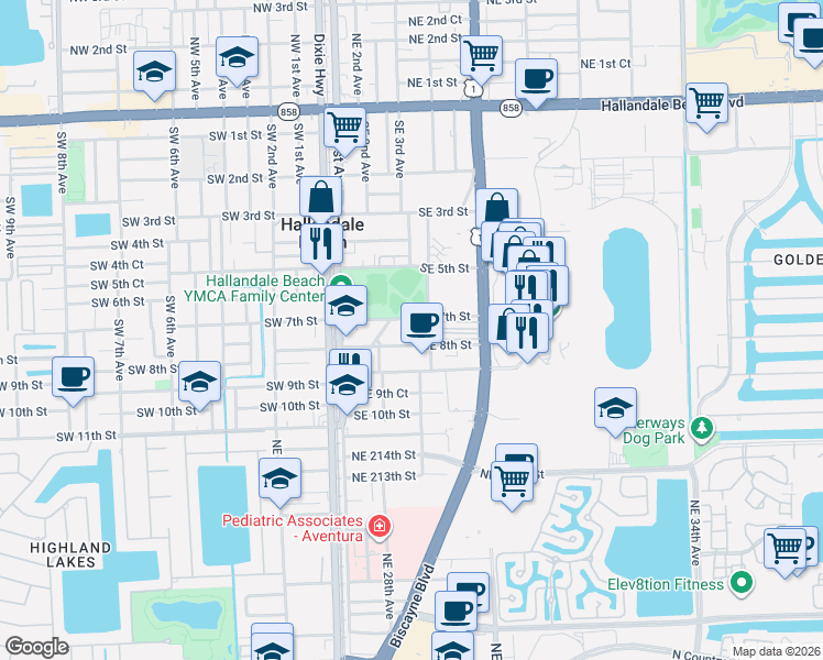 map of restaurants, bars, coffee shops, grocery stores, and more near 700 South East 3rd Avenue in Hallandale Beach