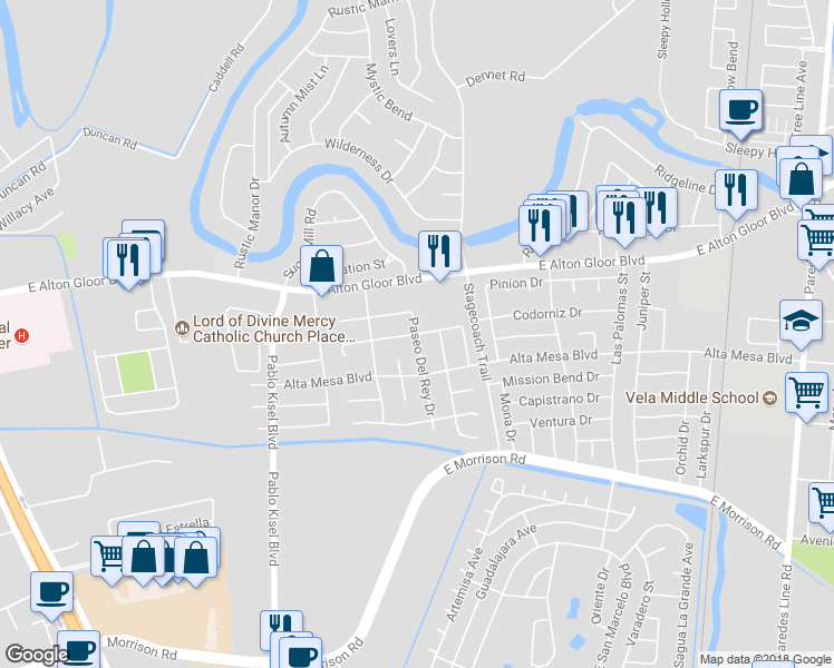 map of restaurants, bars, coffee shops, grocery stores, and more near 4998 Paseo Del Rey Drive in Brownsville