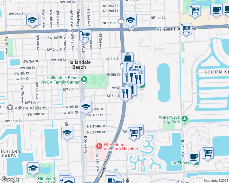 map of restaurants, bars, coffee shops, grocery stores, and more near 500 South Federal Highway in Hallandale Beach