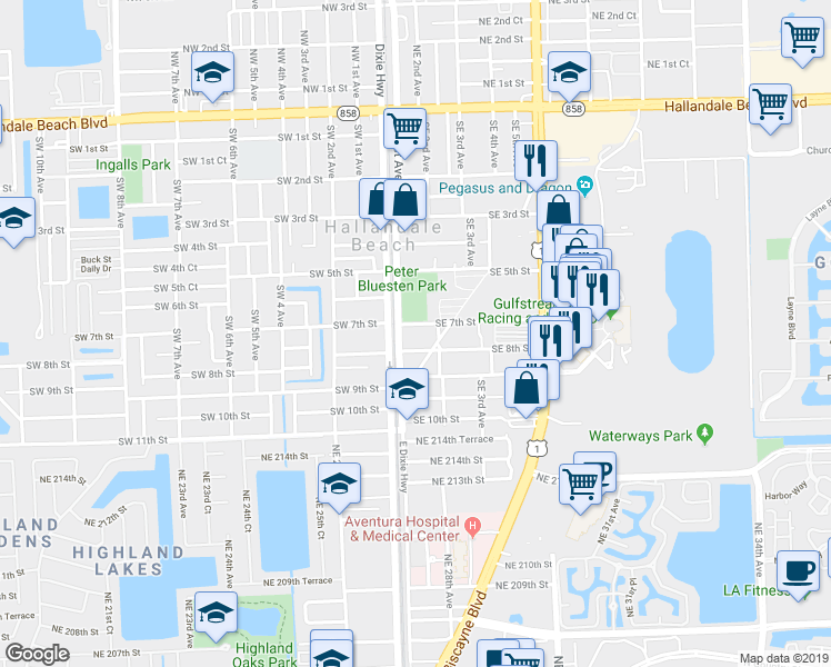 map of restaurants, bars, coffee shops, grocery stores, and more near 501 Southwest 4th Street in Hallandale Beach