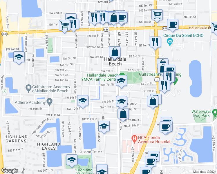 map of restaurants, bars, coffee shops, grocery stores, and more near 100 Southwest 7th Street in Hallandale Beach