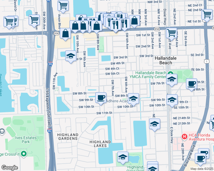 map of restaurants, bars, coffee shops, grocery stores, and more near 721 Southwest 6th Street in Hallandale Beach