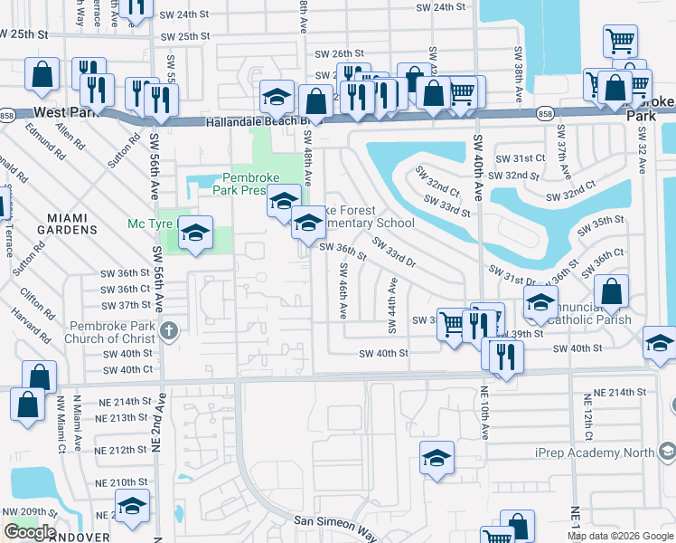 map of restaurants, bars, coffee shops, grocery stores, and more near 3601 Southwest 47th Avenue in West Park