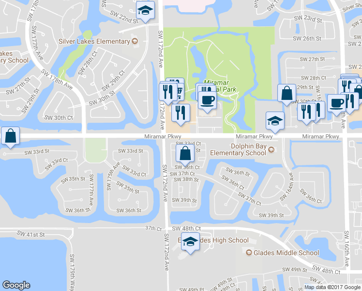 map of restaurants, bars, coffee shops, grocery stores, and more near in Miramar