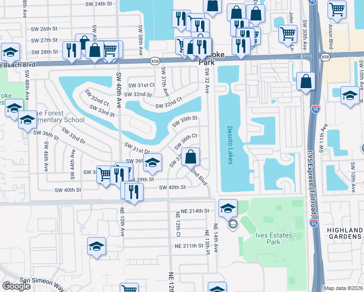 map of restaurants, bars, coffee shops, grocery stores, and more near 3600 Southwest 36th Street in West Park