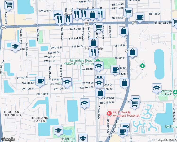 map of restaurants, bars, coffee shops, grocery stores, and more near 100 Southwest 7th Street in Hallandale Beach