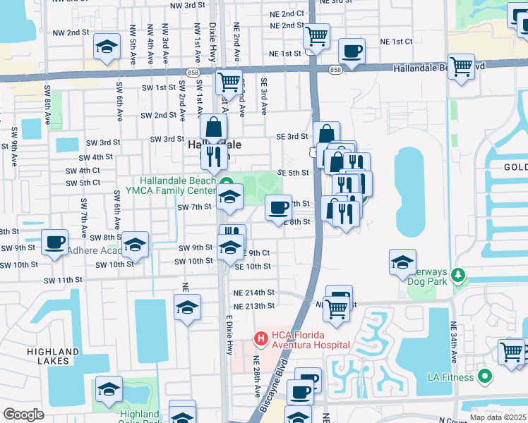 map of restaurants, bars, coffee shops, grocery stores, and more near 700 South East 3rd Avenue in Hallandale Beach