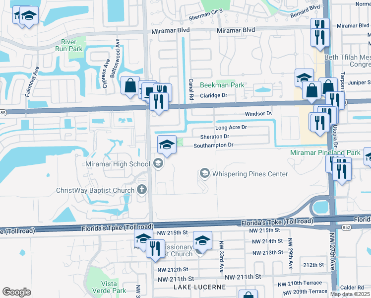 map of restaurants, bars, coffee shops, grocery stores, and more near 8706 Sheraton Drive in Miramar