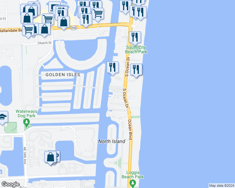 map of restaurants, bars, coffee shops, grocery stores, and more near 2017 South Ocean Drive in Hallandale Beach