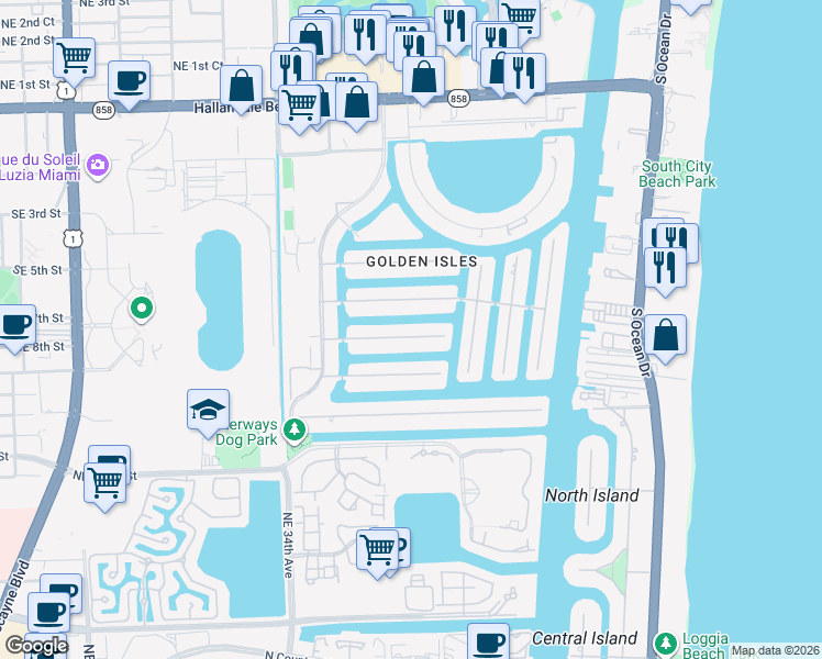map of restaurants, bars, coffee shops, grocery stores, and more near 419 Sunset Drive in Hallandale Beach