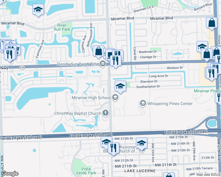 map of restaurants, bars, coffee shops, grocery stores, and more near 3408 Sheraton Place in Miramar
