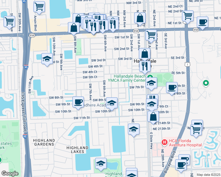 map of restaurants, bars, coffee shops, grocery stores, and more near 607 Southwest 6th Avenue in Hallandale Beach