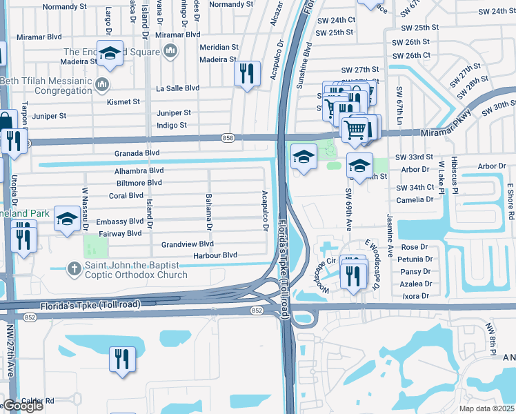 map of restaurants, bars, coffee shops, grocery stores, and more near 7150 Coral Boulevard in Miramar