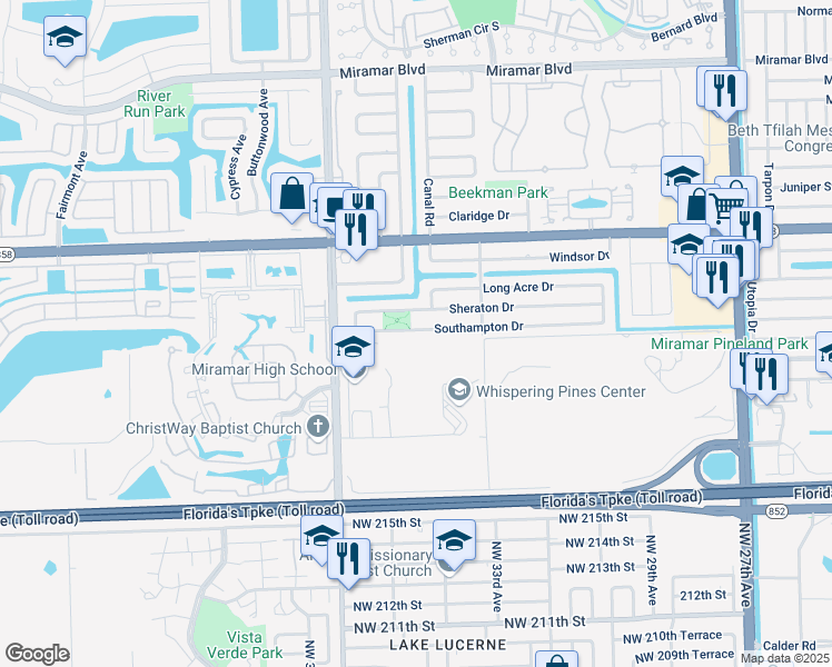 map of restaurants, bars, coffee shops, grocery stores, and more near 8706 Sheraton Drive in Miramar