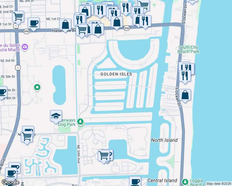 map of restaurants, bars, coffee shops, grocery stores, and more near 419 Sunset Drive in Hallandale Beach
