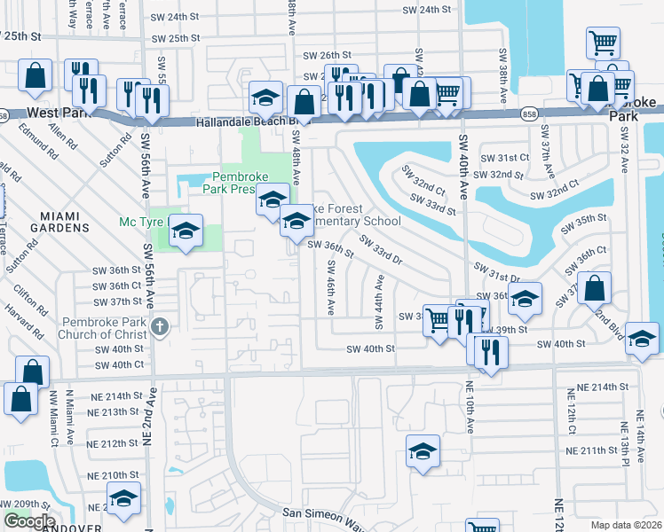 map of restaurants, bars, coffee shops, grocery stores, and more near 3601 Southwest 47th Avenue in West Park