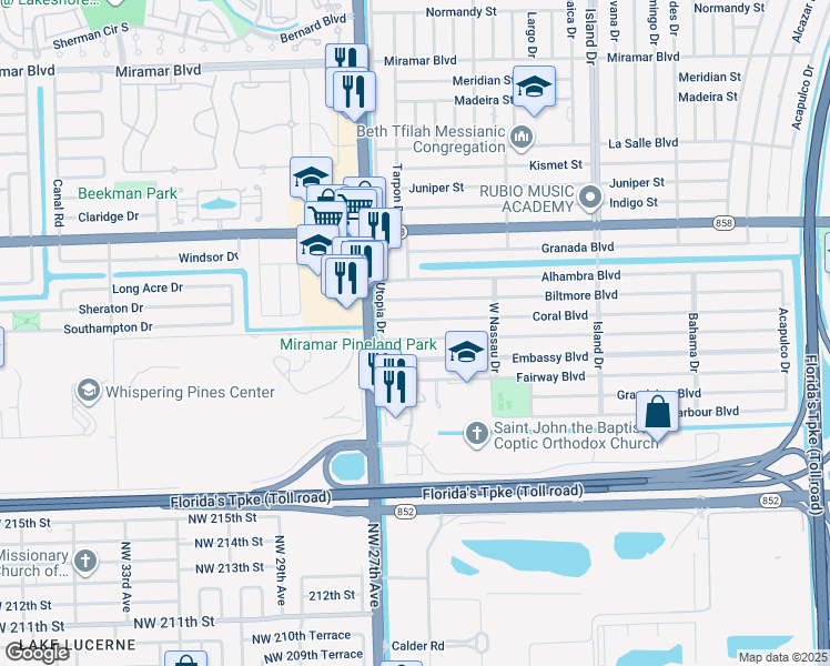 map of restaurants, bars, coffee shops, grocery stores, and more near 7929 Coral Boulevard in Miramar