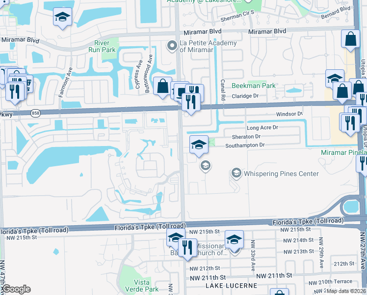 map of restaurants, bars, coffee shops, grocery stores, and more near 9323 Southampton Drive in Miramar