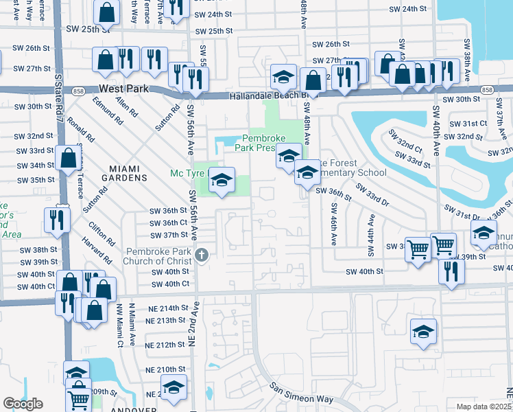 map of restaurants, bars, coffee shops, grocery stores, and more near 3549 Southwest 52nd Avenue in Pembroke Park