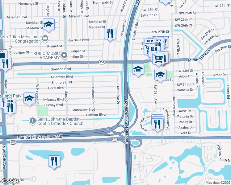 map of restaurants, bars, coffee shops, grocery stores, and more near 7150 Coral Boulevard in Miramar
