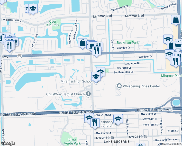 map of restaurants, bars, coffee shops, grocery stores, and more near 3390 Foxcroft Road in Miramar
