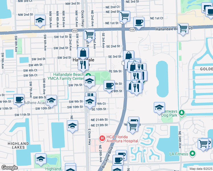 map of restaurants, bars, coffee shops, grocery stores, and more near 700 South East 3rd Avenue in Hallandale Beach