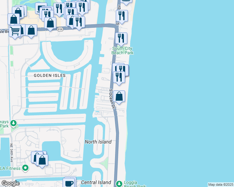 map of restaurants, bars, coffee shops, grocery stores, and more near 2030 South Ocean Drive in Hallandale Beach