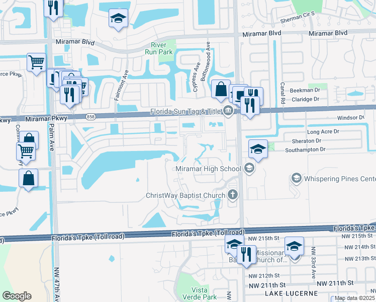 map of restaurants, bars, coffee shops, grocery stores, and more near 3400 Foxcroft Road in Miramar