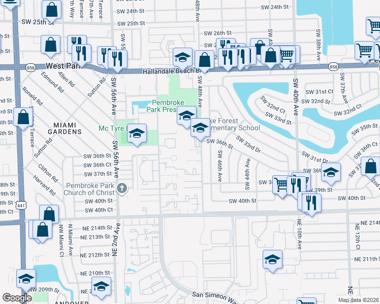 map of restaurants, bars, coffee shops, grocery stores, and more near 3610 Southwest 48th Avenue in Hollywood