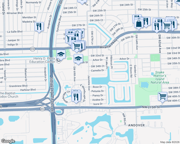 map of restaurants, bars, coffee shops, grocery stores, and more near 6772 Camelia Drive in Miramar