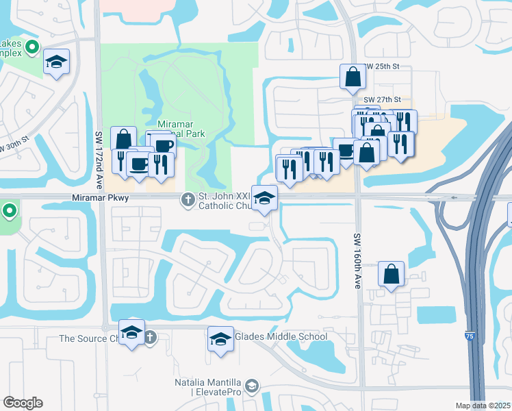 map of restaurants, bars, coffee shops, grocery stores, and more near 16450 Miramar Parkway in Miramar