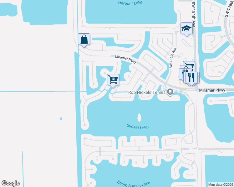 map of restaurants, bars, coffee shops, grocery stores, and more near 3250 Southwest 190th Avenue in Miramar