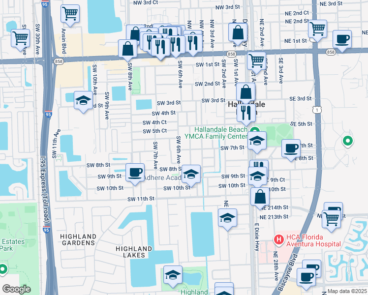 map of restaurants, bars, coffee shops, grocery stores, and more near 607 Southwest 6th Avenue in Hallandale Beach