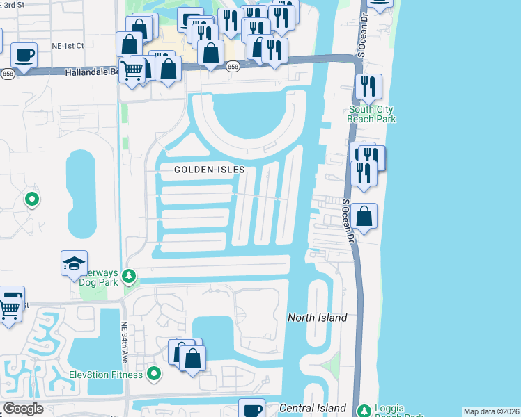 map of restaurants, bars, coffee shops, grocery stores, and more near 600 Hibiscus Drive in Hallandale Beach