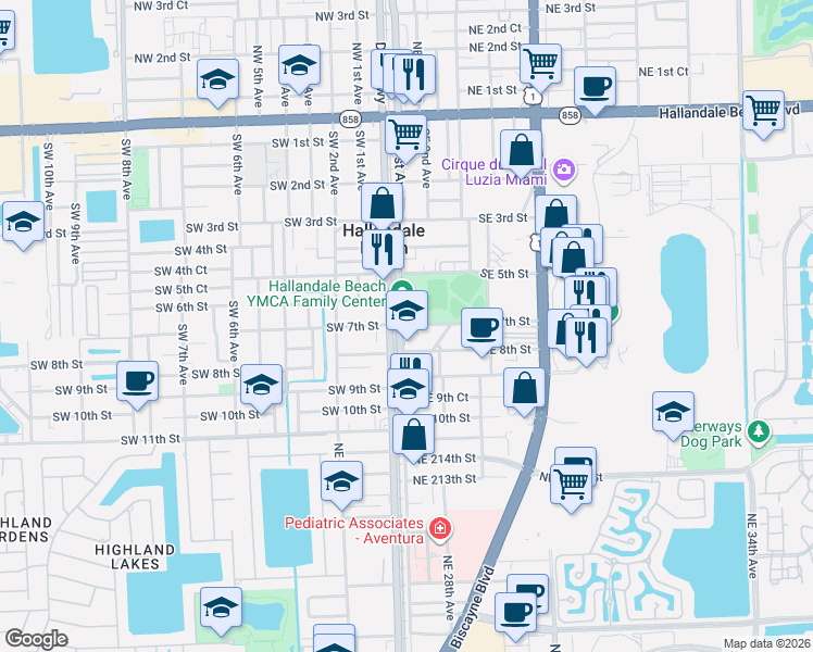 map of restaurants, bars, coffee shops, grocery stores, and more near in Hallandale Beach