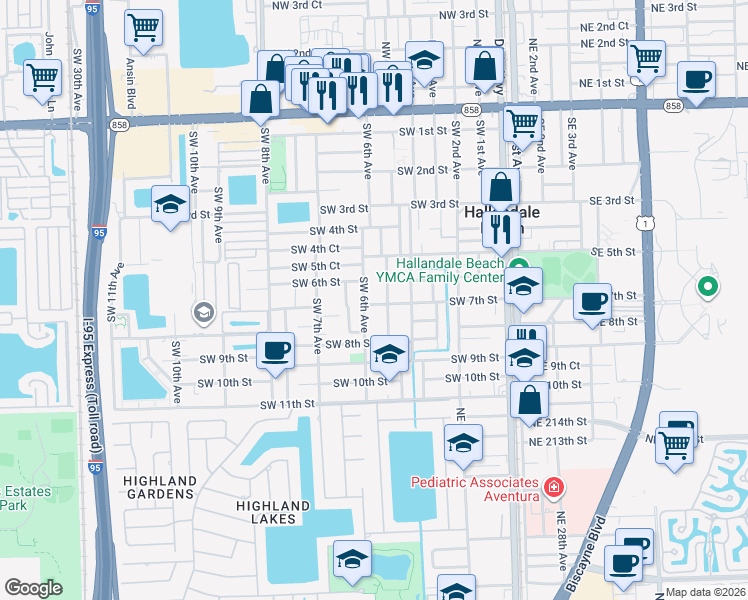 map of restaurants, bars, coffee shops, grocery stores, and more near 607 Southwest 6th Avenue in Hallandale Beach