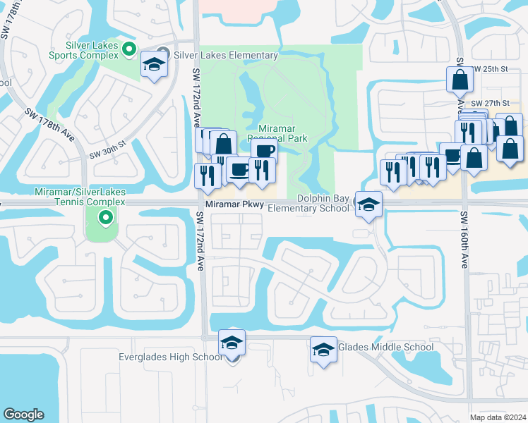 map of restaurants, bars, coffee shops, grocery stores, and more near 16909 Southwest 33rd Court in Miramar