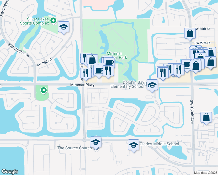 map of restaurants, bars, coffee shops, grocery stores, and more near 16909 Southwest 33rd Court in Miramar