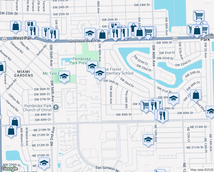 map of restaurants, bars, coffee shops, grocery stores, and more near 3601 Southwest 47th Avenue in West Park