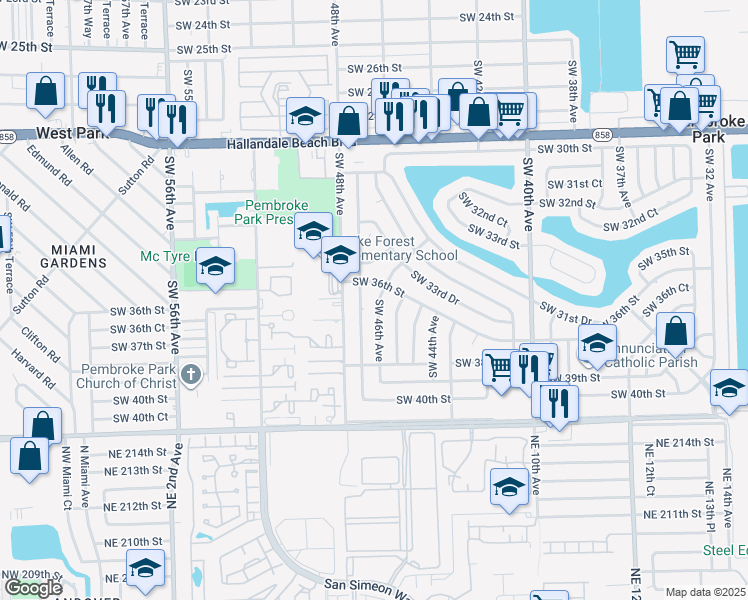 map of restaurants, bars, coffee shops, grocery stores, and more near 3601 Southwest 47th Avenue in West Park