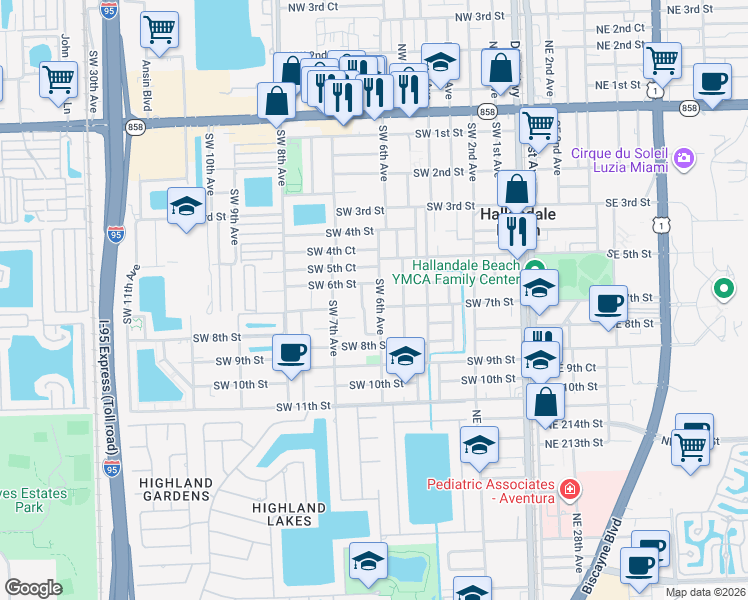 map of restaurants, bars, coffee shops, grocery stores, and more near 607 Southwest 6th Avenue in Hallandale Beach