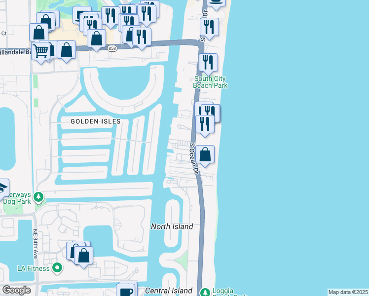 map of restaurants, bars, coffee shops, grocery stores, and more near 2017 South Ocean Drive in Hallandale Beach