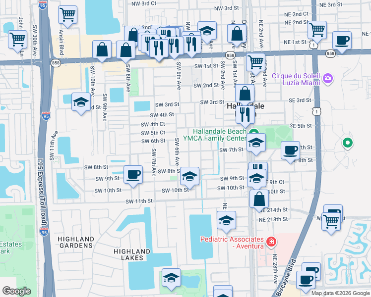 map of restaurants, bars, coffee shops, grocery stores, and more near 607 Southwest 6th Avenue in Hallandale Beach