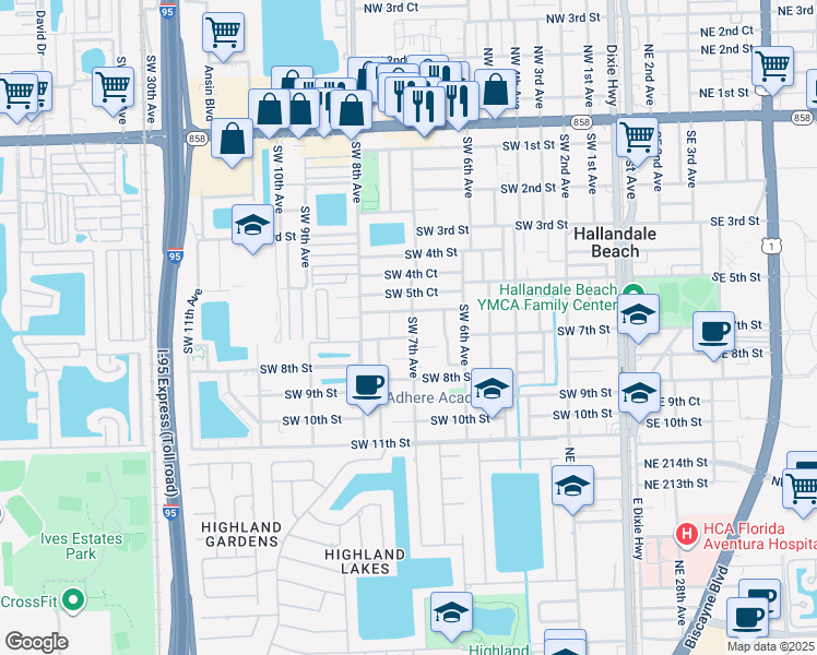 map of restaurants, bars, coffee shops, grocery stores, and more near 721 Southwest 6th Street in Hallandale Beach