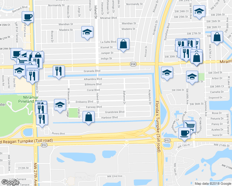 map of restaurants, bars, coffee shops, grocery stores, and more near 7500 Coral Boulevard in Miramar